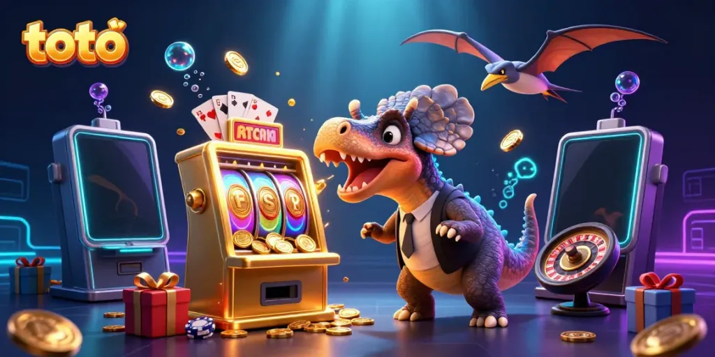 Witness the thrilling moment as a Toto-themed pachycephalosaurus triggers a jackpot, surrounded by dynamic casino elements.