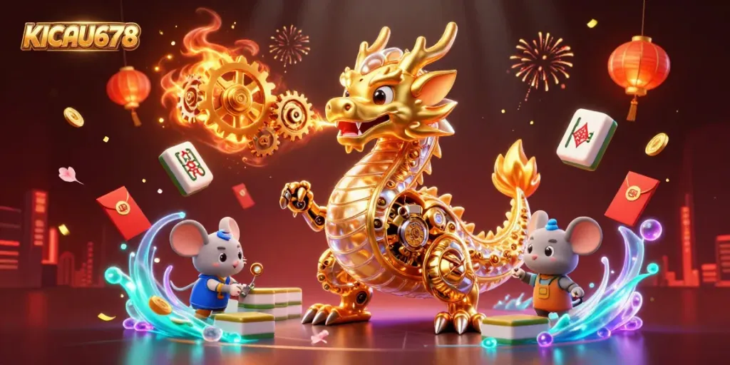 KICAU678 showcases a golden dragon breathing gears and cogs, surrounded by vibrant festive elements in a detailed 3D illustration.
