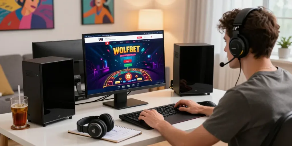 Player exploring Wolfbet promotions page from a stylish gaming setup.