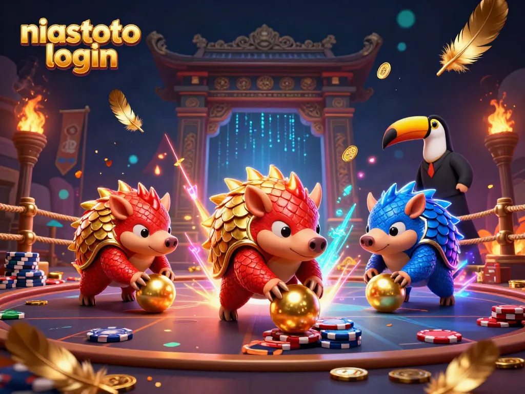 Visual yang menampilkan pangolins bersaing dalam skenario permainan kasino “niastoto login”, dikelilingi oleh elemen kemewahan.