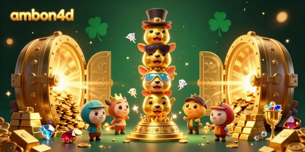 Experience the excitement of ambon4d with vibrant casino-themed 3D illustrations highlighting jackpots and gold treasures.