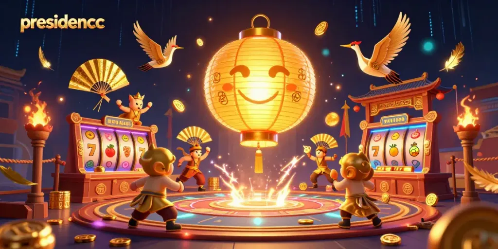 Experience the vivid action at presidencc with golden lantern spirits and dynamic slot reels in an enchanting casino.