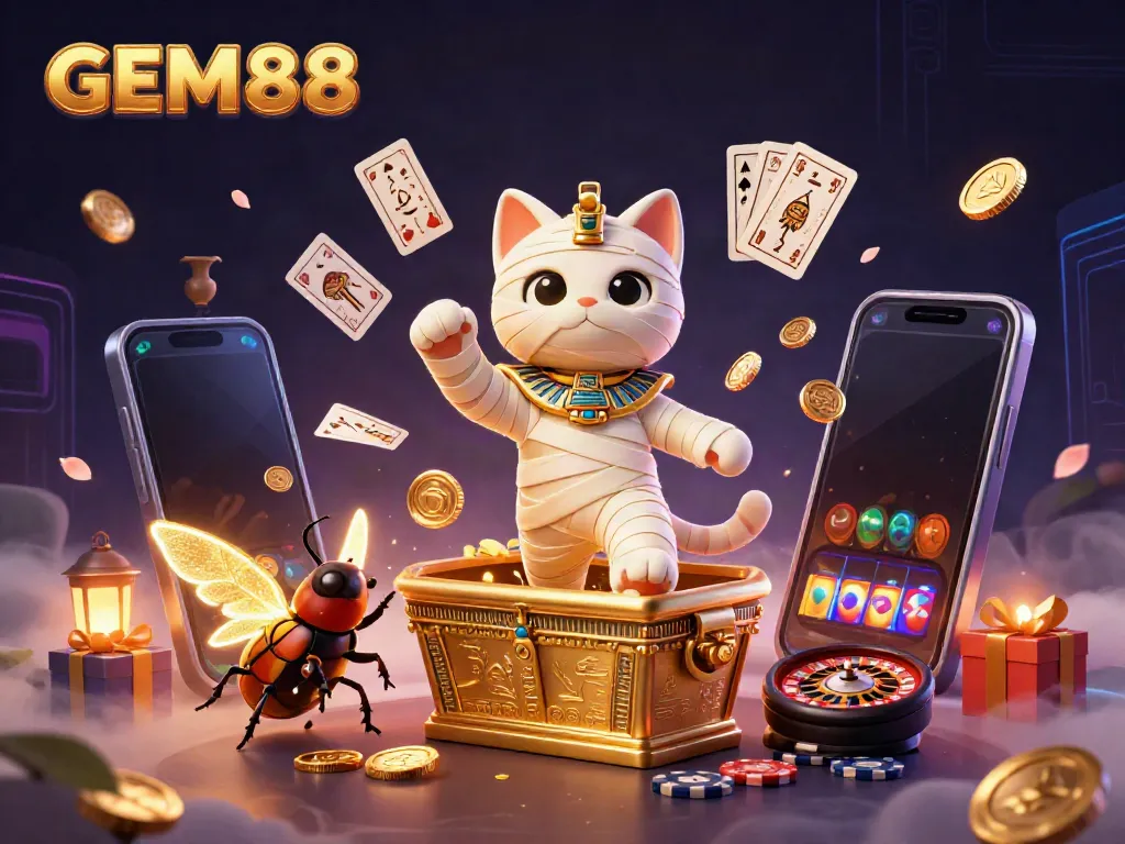 GEM88 summons luck with a thrilling 3D illustration of a mummy cat and gold treasures in a casino scene.