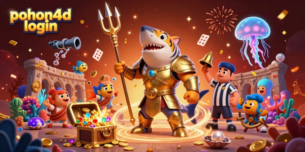 Experience the excitement of pohon4d login with a dynamic underwater casino scene featuring a fierce tiger shark.