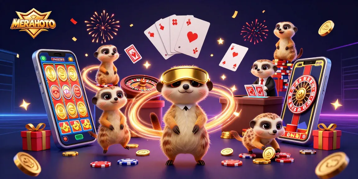 Meriahtoto memimpin koloni meerkat menjalankan kasino yang meriah dengan tumpukan chip dan permainan slot.