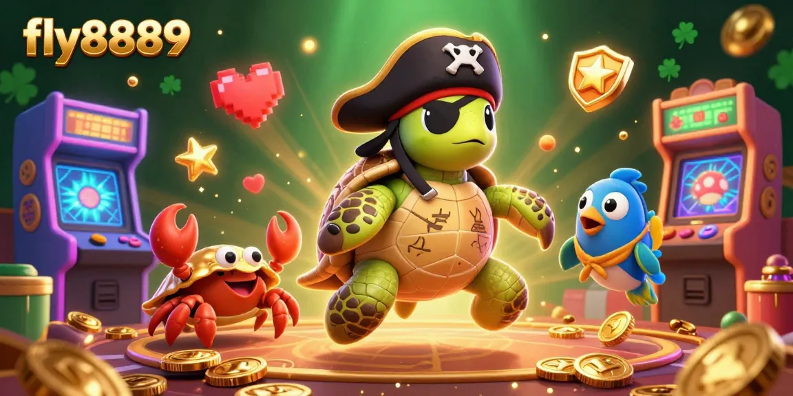 Engage in thrilling gaming adventures with fly8889 in a vibrant casino-themed illustration featuring a pirate turtle and friends.