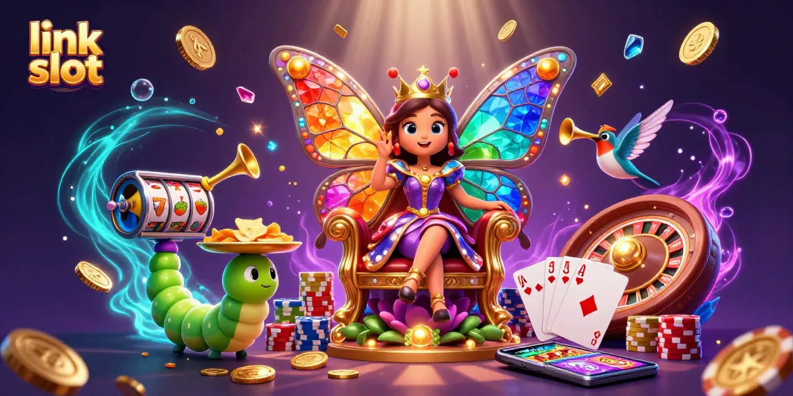 Experience the excitement with link slot featuring a dazzling butterfly queen in a vibrant casino setting.