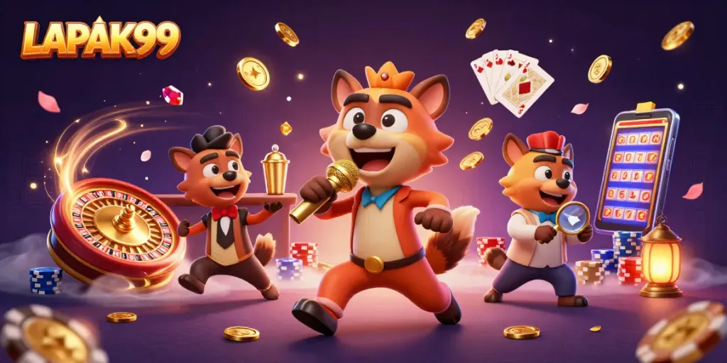 LAPAK99 players enjoying a vibrant casino scene with lively hyenas, golden coins, and roulette action