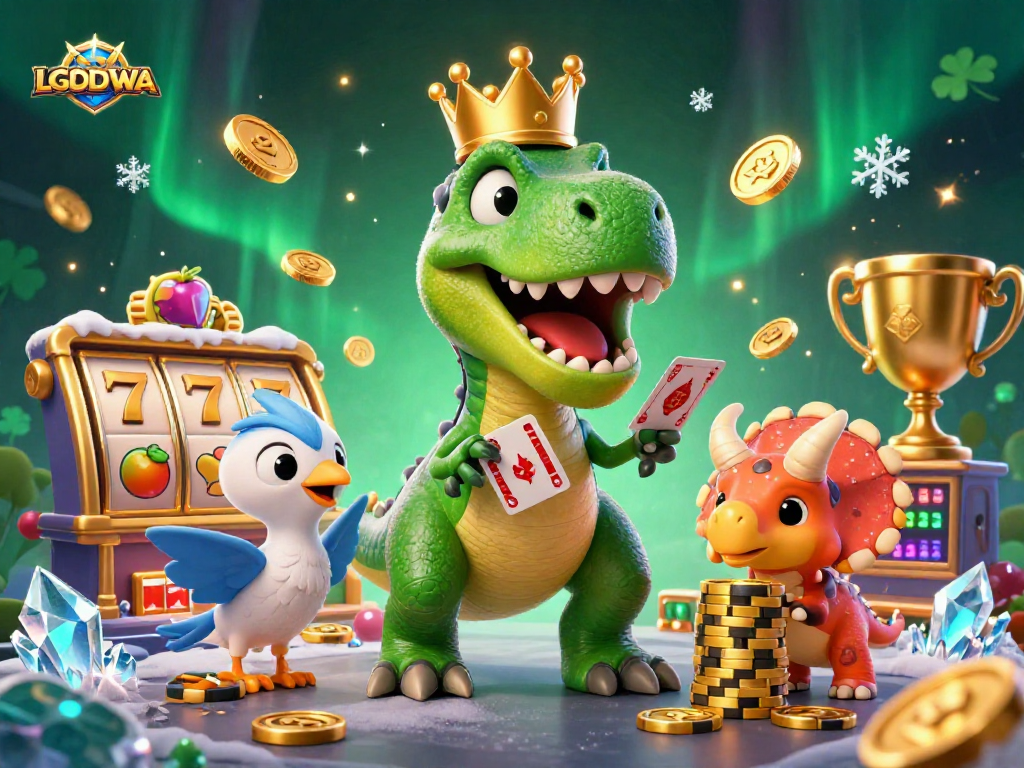 Experience thrilling action with LGODEWA in a dynamic 3D casino scene featuring vibrant characters and game elements.