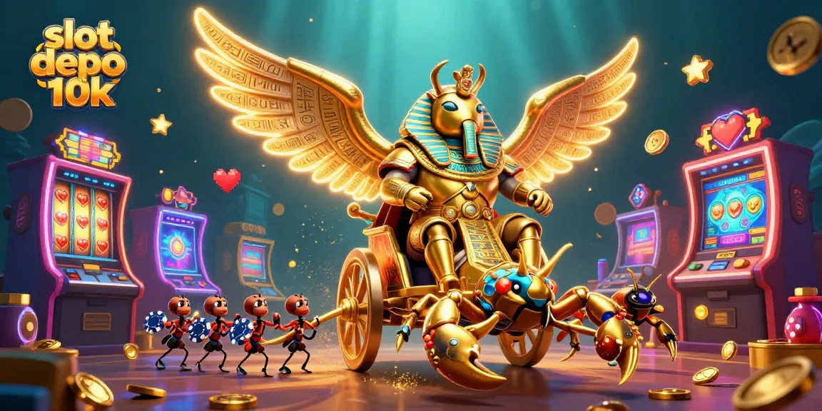 Engage with slot depo 10k action graphic showcasing a golden beetle and scorpions amidst vibrant slot machines.