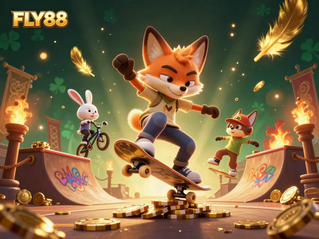 Experience FLY88 with a dynamic skateboarder fox and BMX rabbit in a vibrant casino scene.
