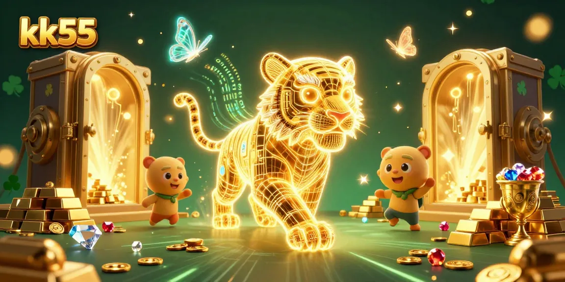 Experience the excitement of kk55 with enchanting characters in a lively casino backdrop filled with treasures.