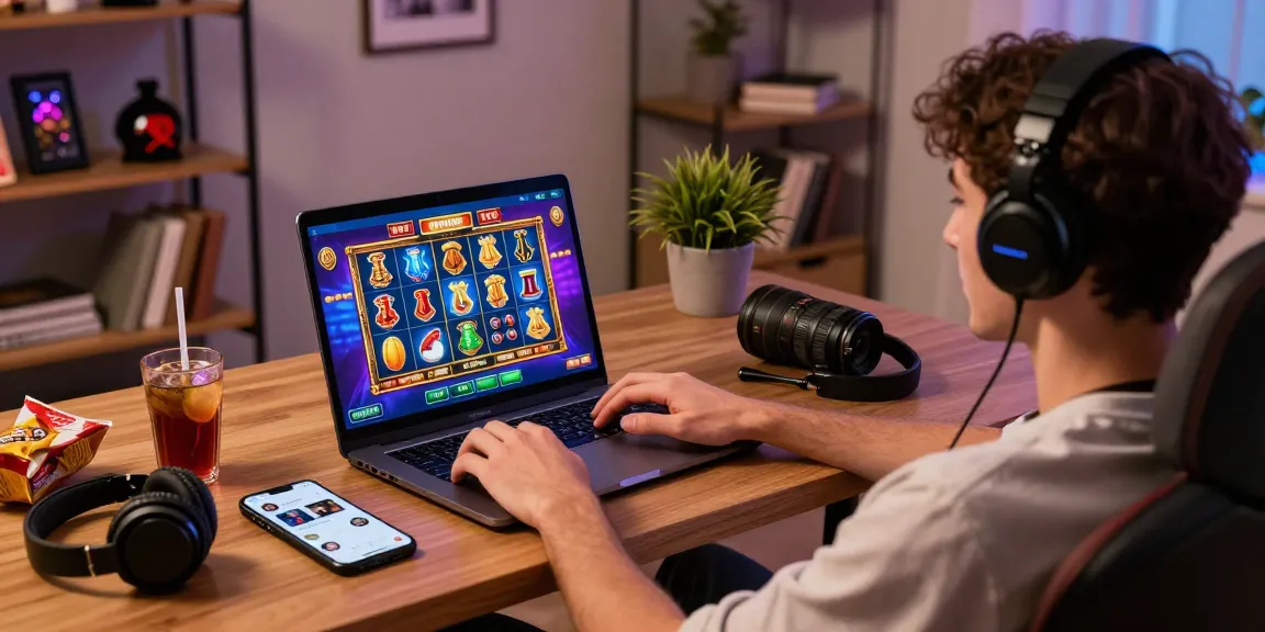Pengguna sedang bermain di jandaslot88.com di laptop dengan grafik slot yang menarik dan suasana hangat.