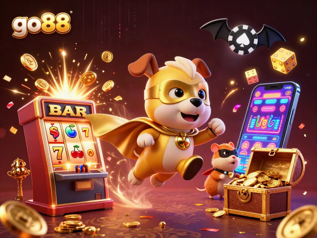 Experience the thrill with go88's superhero dog and hamster in dazzling casino scenes.