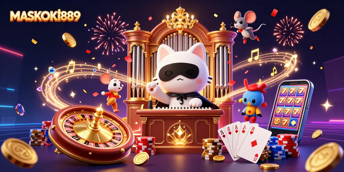 Experience the thrill of MASKOKI889 with an energetic casino scene showcasing games and excitement.