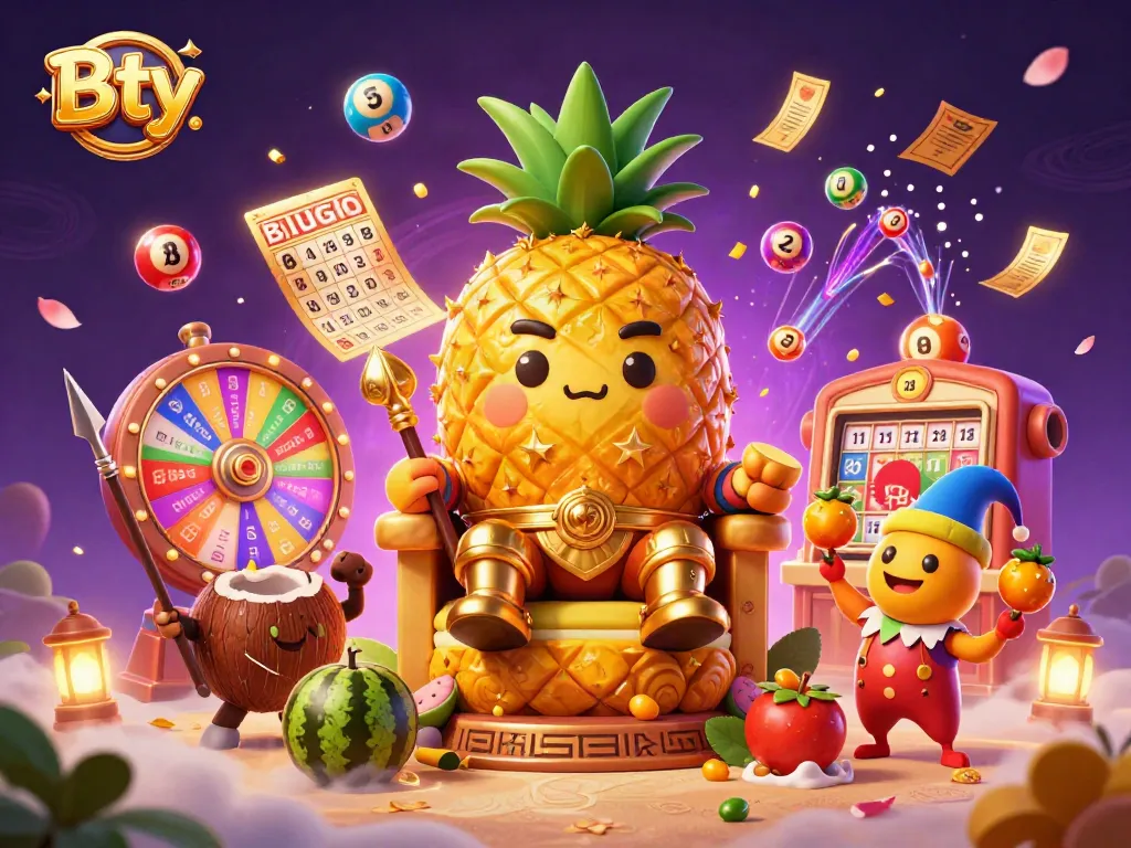 Experience thrilling gameplay with the Bty golden pineapple king and dynamic bingo elements in a vibrant casino scene.