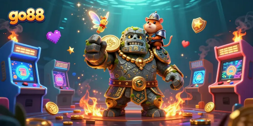 Chơi game tại go88 với golem giữ tiền, tiên nhỏ và hamster hiệp sĩ