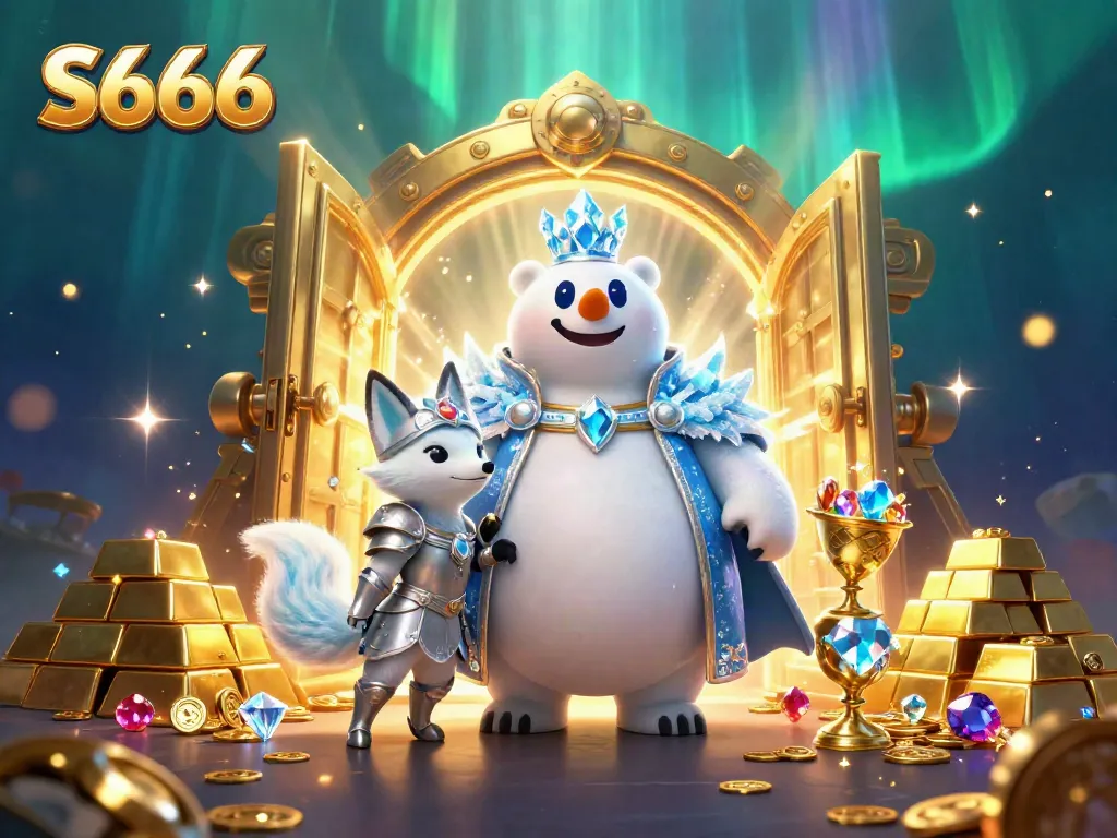 S666 captivates players with a rich scene of cartoon polar royalty amidst treasure vaults and gaming elements.