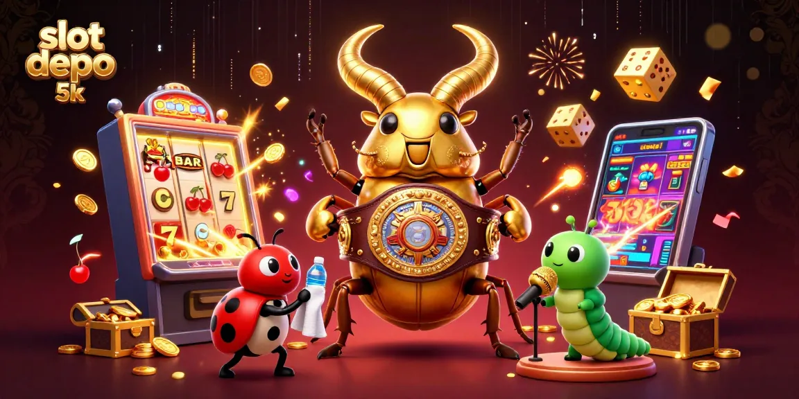 Spin to win at slot depo 5k with a vibrant, dynamic casino scene featuring characters and jackpots.