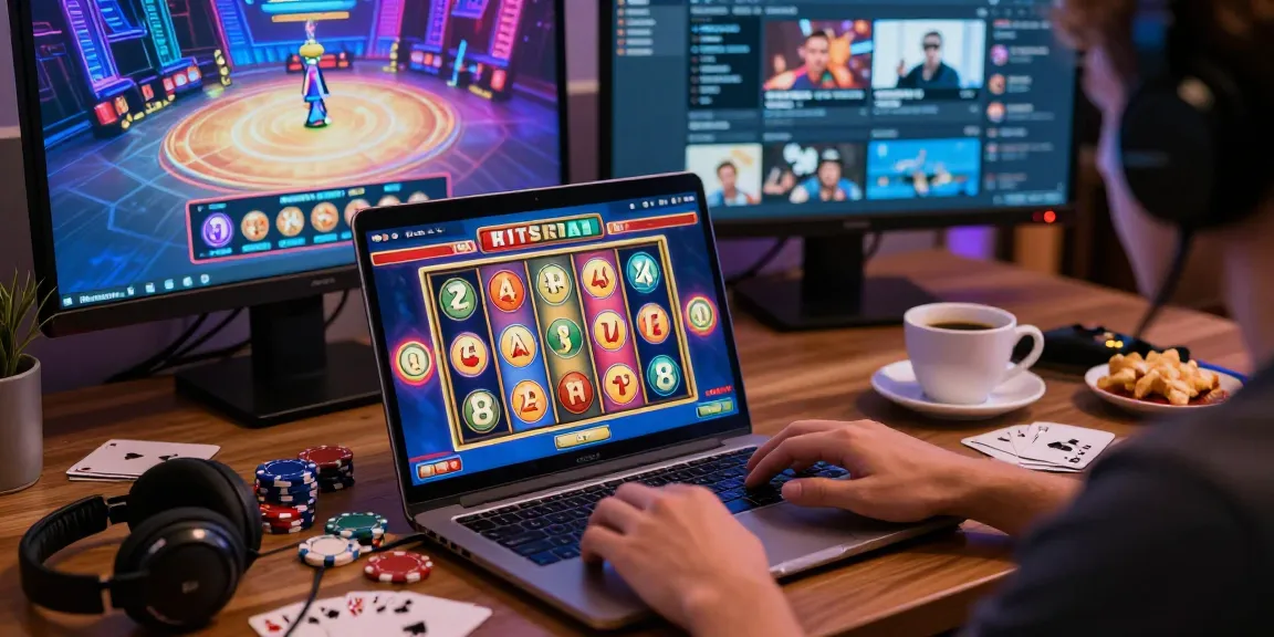 Engaging player at home with laptop playing situs slot games, vibrant graphics, and cozy gaming setup.