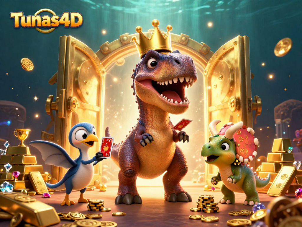 Tunas4D presents a lively scene with a T-Rex shuffling cards while a baby triceratops stacks chips, embodying gaming excitement.