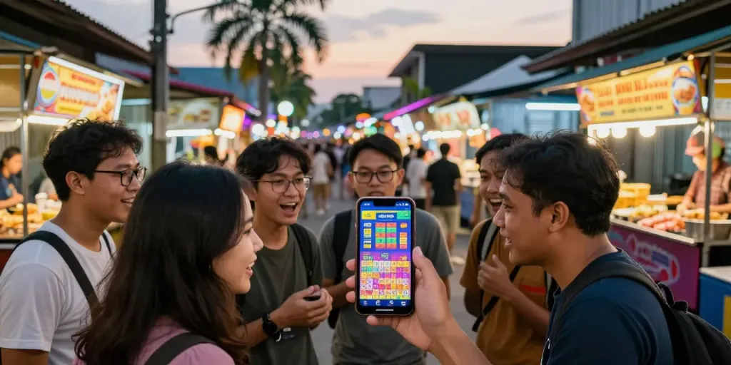 Pengguna Ratu Togel dengan smartphone dan suasana ceria di malam hari.