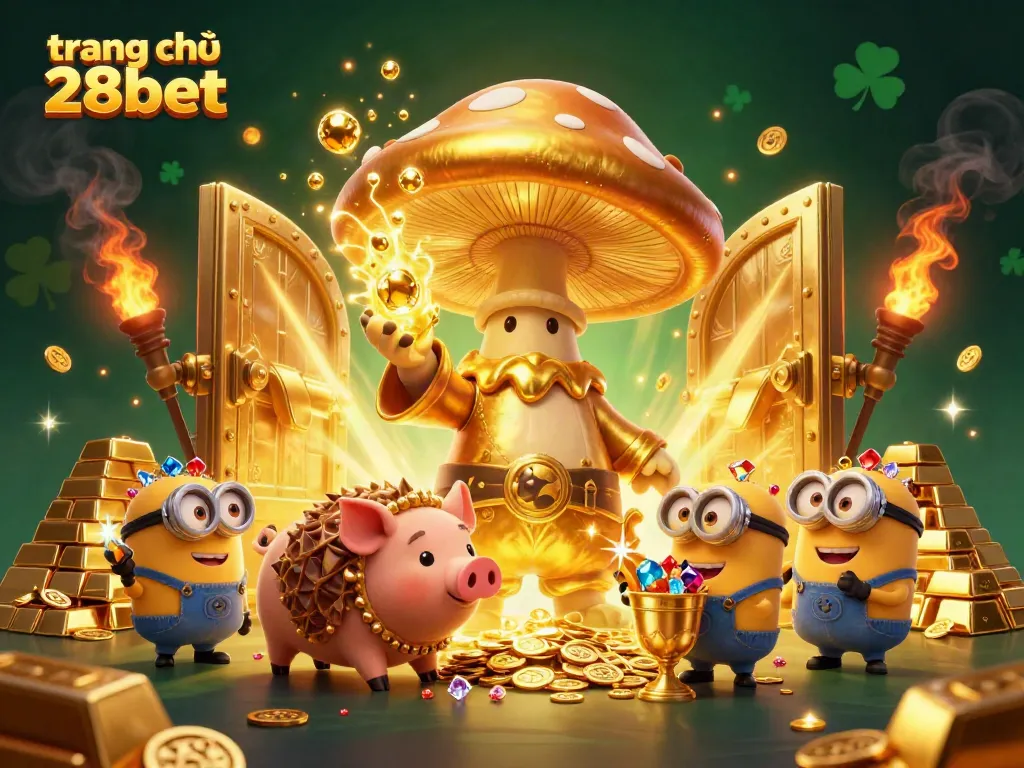 Experience the magic at trang chủ 28bet with a golden mushroom wizard and treasure-filled scene.