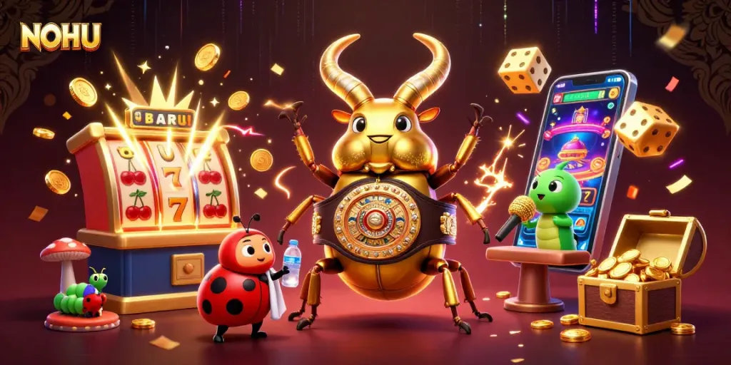 Experience the thrilling NOHU casino atmosphere with vibrant characters and a dynamic winnings explosion.