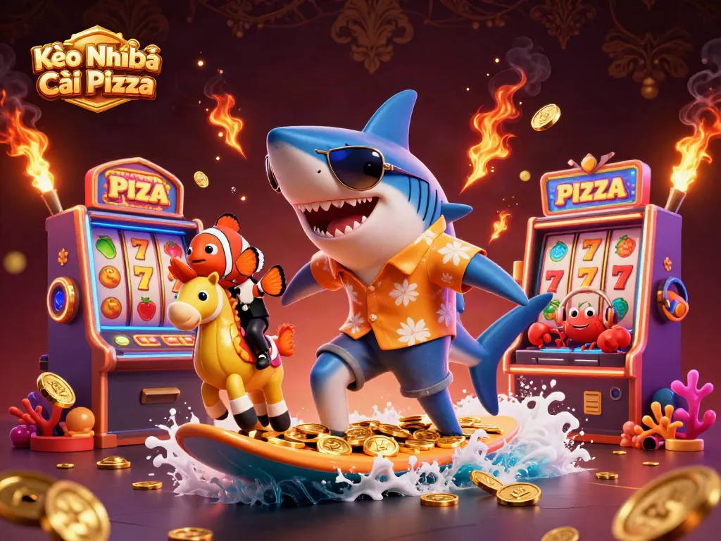 Engage in thrilling gaming with Kèo Nhà Cái Pizza's dynamic visual of a casino adventure featuring fun characters.