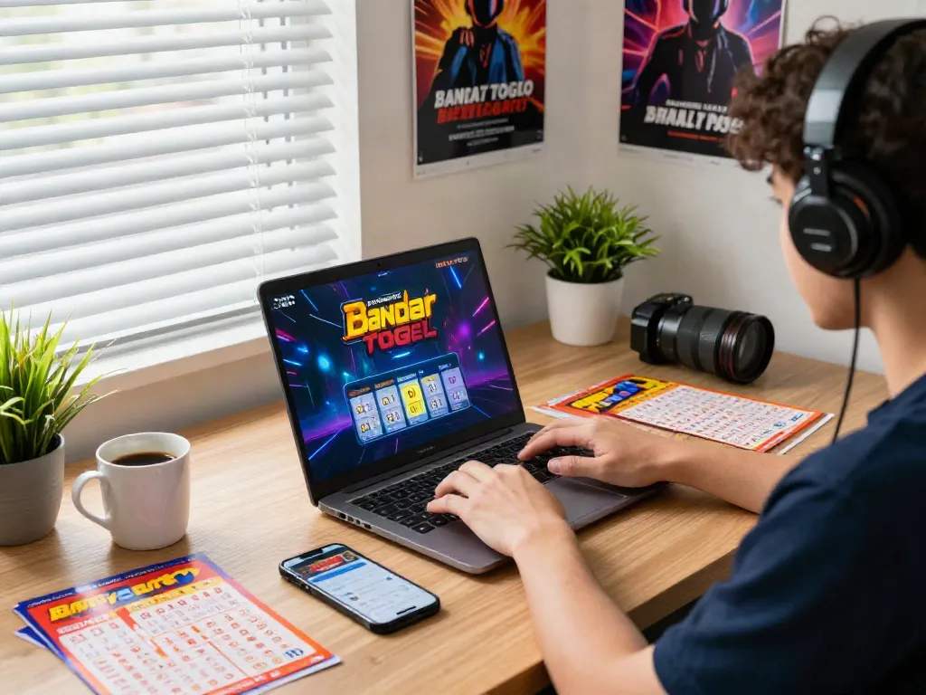 Pengguna bermain bandar togel online di laptop dengan tiket togel berwarna-warni di sekitar meja kerja.