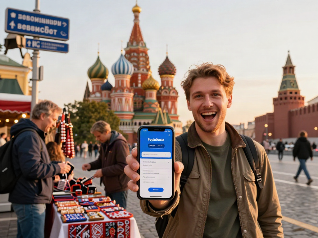 Pemandangan wisatawan menggunakan https://payinrussia.com/ di landmark Rusia, dengan suasana hangat dan interaksi lokal.