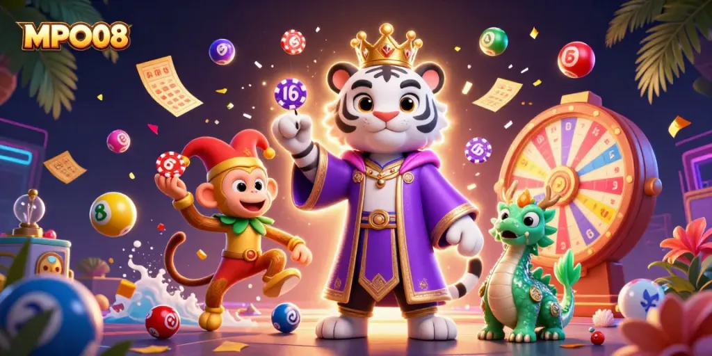 MPO08 enhances excitement with vibrant casino-themed 3D characters amidst a lottery scene.