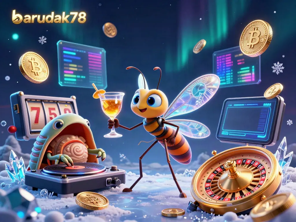 Gambarkan barudak78 sebagai maskot kasino dalam ilustrasi 3D yang dinamis, dikelilingi elemen perjudian.