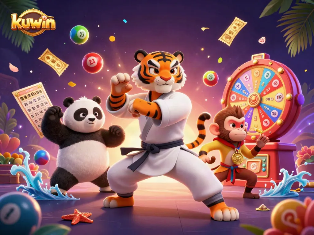 kuwin showcases thrilling gameplay with a playful tiger, panda, and monkey amid dynamic casino elements.