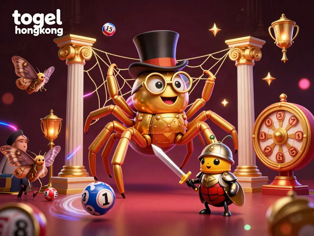 Visualisasi togel hongkong yang menarik dengan tarantula emas dan bola lotre yang bergerak dinamis.