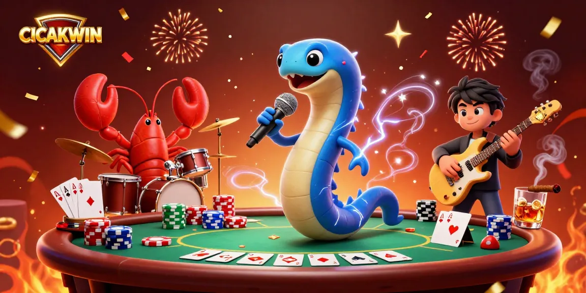 CICAKWIN showcases a vibrant underwater casino scene with an electric eel DJ and vibrant gaming elements.