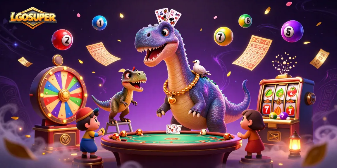 Engage with LGOSUPER as a colorful brontosaurus towers over the casino action, delivering vibrant gaming elements.