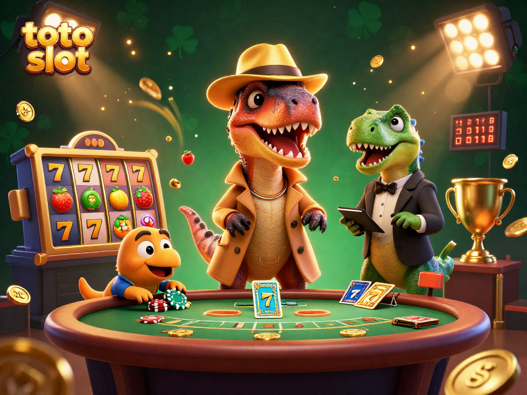 Karakter velociraptor di meja blackjack dengan elemen toto slot yang memukau dan atmosfer kasino yang dinamis.