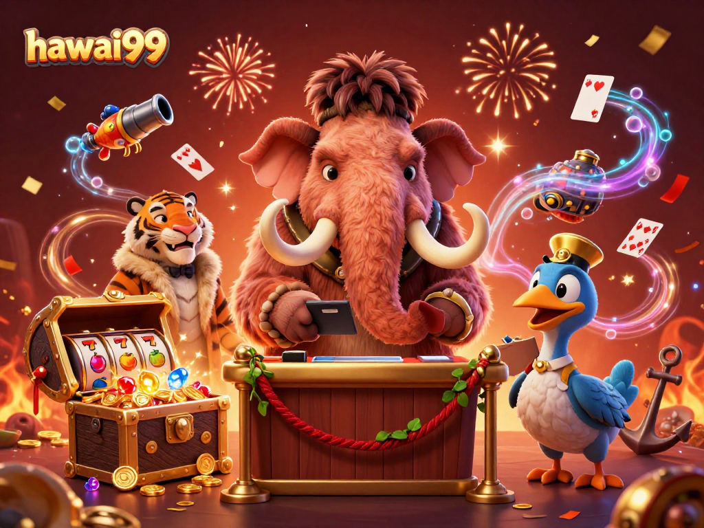 Experience vibrant hawai99 gaming with a futuristic 3D bouncer and exciting slot reels.
