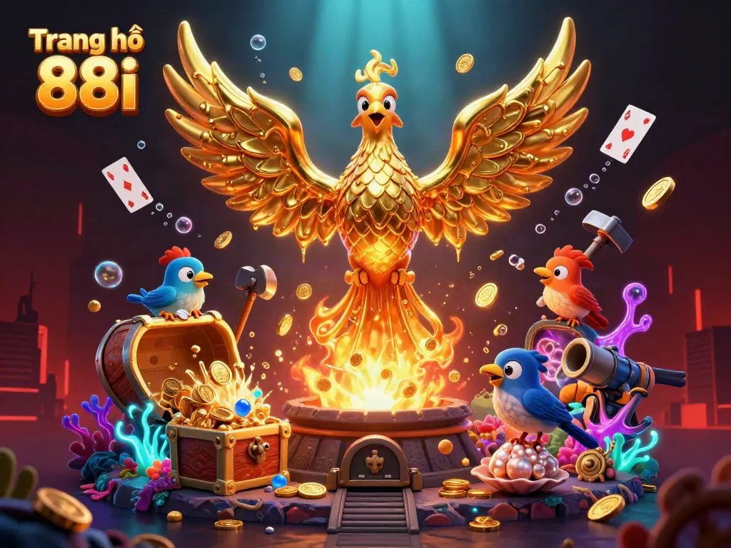 Engage in thrilling experiences on Trang chủ 88i, where golden coins rain down from a phoenix of wealth amidst a vibrant gaming atmosphere.