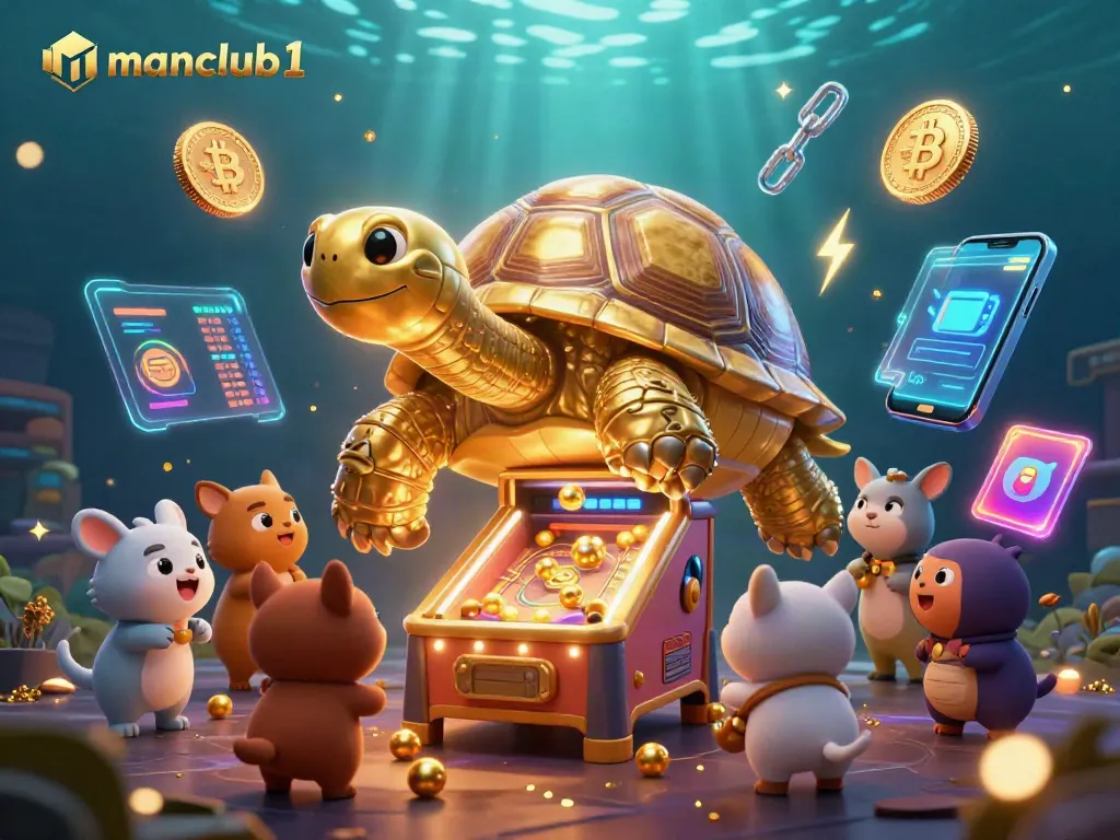 Experience the thrilling gameplay at manclub1 with a vibrant 3D scene featuring gaming excitement and crypto elements.