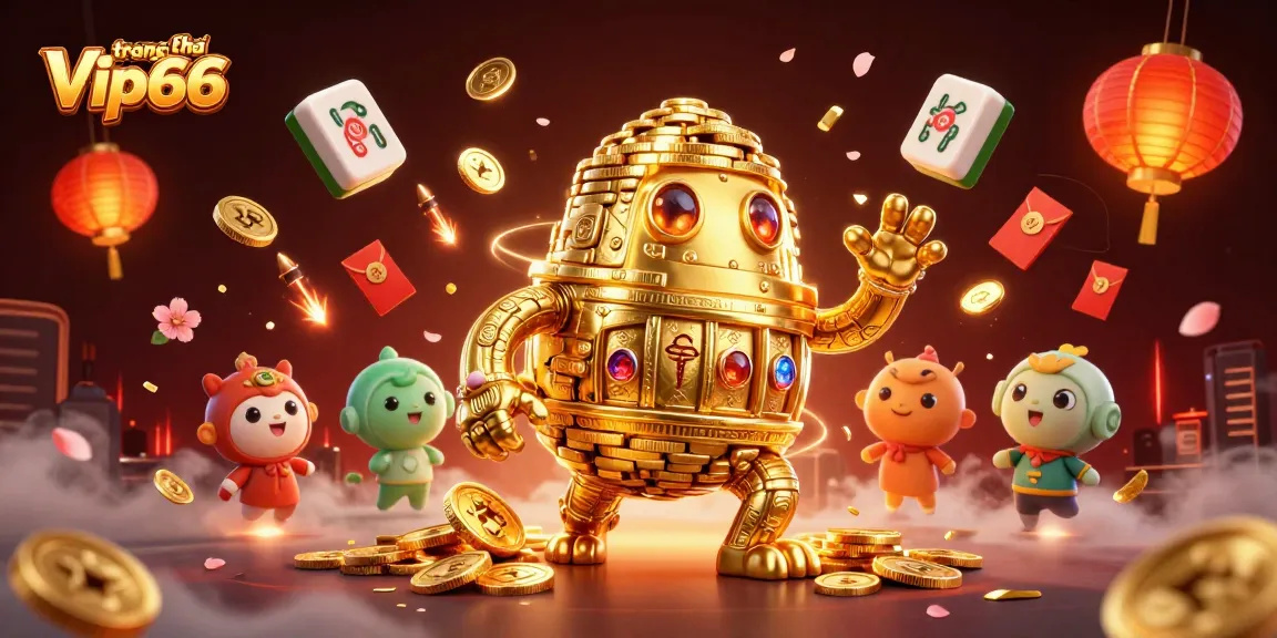 Experience the excitement on the trang chủ Vip66 with a vibrant casino-themed illustration featuring a golden golem and festive elements.