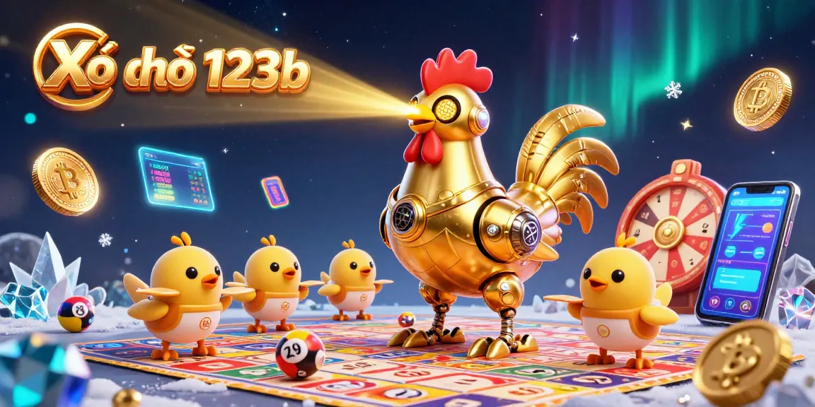 Xổ số 123b highlights dynamic lottery games, featuring colorful elements like numbered balls and bingo cards.