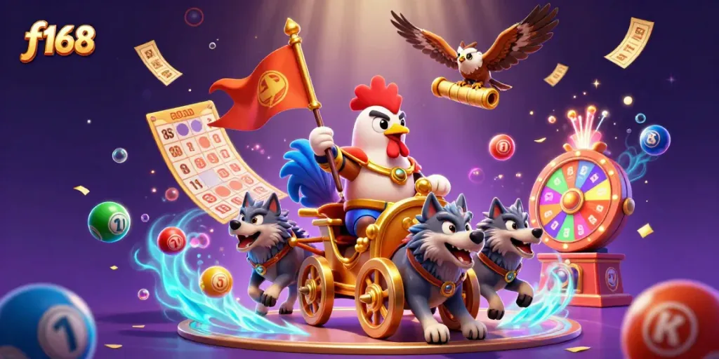 Experience thrilling gameplay with f168, a dynamic scene featuring a rooster warlord amidst colorful lottery elements.