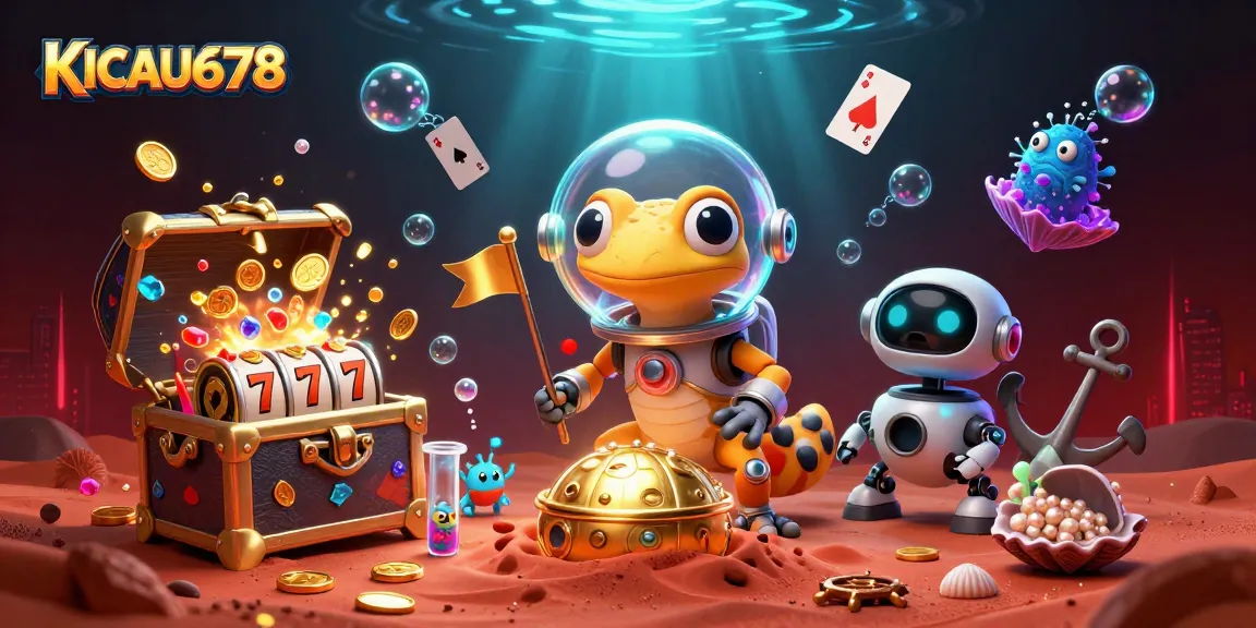 KICAU678 reveals a Martian gecko exploring a golden casino, showcasing vibrant slot gaming elements.