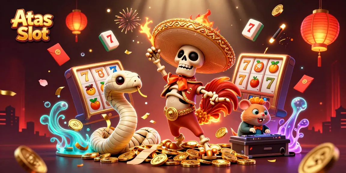Experience the excitement of Atas Slot with vibrant characters surrounded by shimmering casino elements.