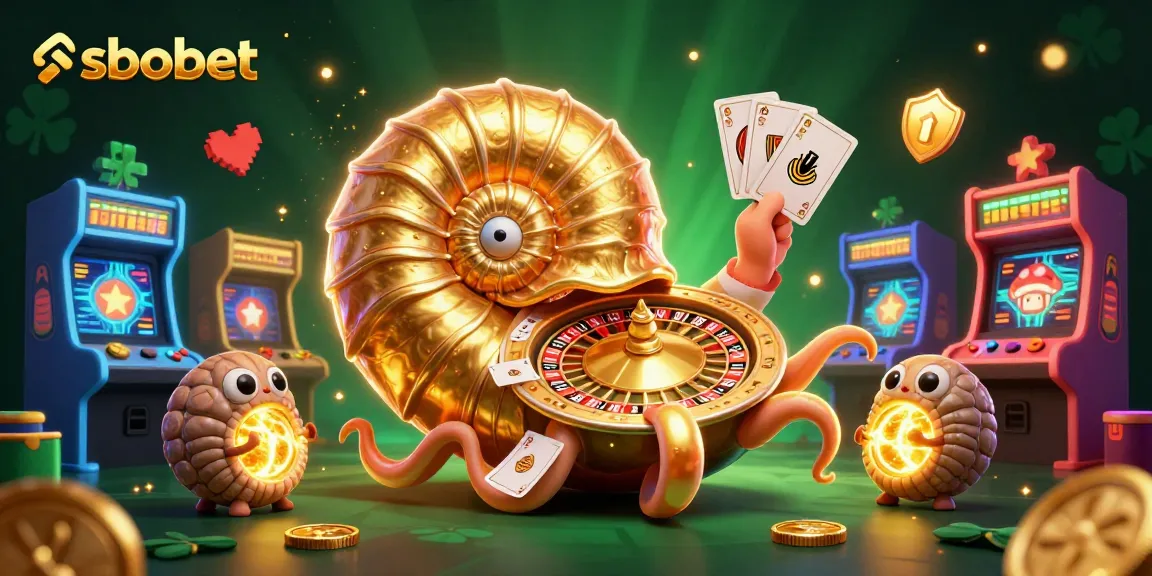 SBOBET's vibrant gaming scene showcases an ancient nautilus roulette wheel and glowing ammonite companions.