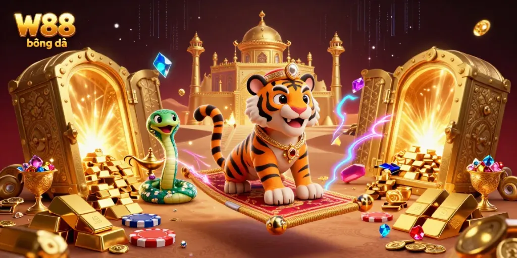 Engage with W88 bóng đá in this dazzling 3D illustration showcasing a sultan on a poker chips carpet among treasures.