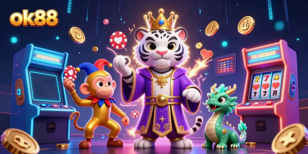 Engage in thrilling games at ok88 casino adorned with vibrant characters and exciting game displays.