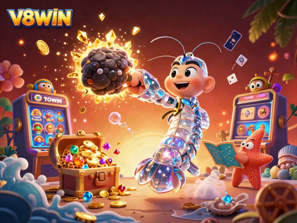 Engage with V8WIN in an explosive slots gaming scene featuring vibrant characters and treasure.